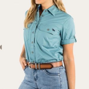 SZ 10 Jules Womans Full Button Work Shirt Dusty Jade Ringers Western