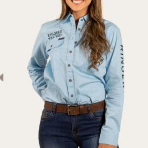 SZ 10 Jillaroo Womans Full Button Work Shirt Sky Blue Navy Ringers Western